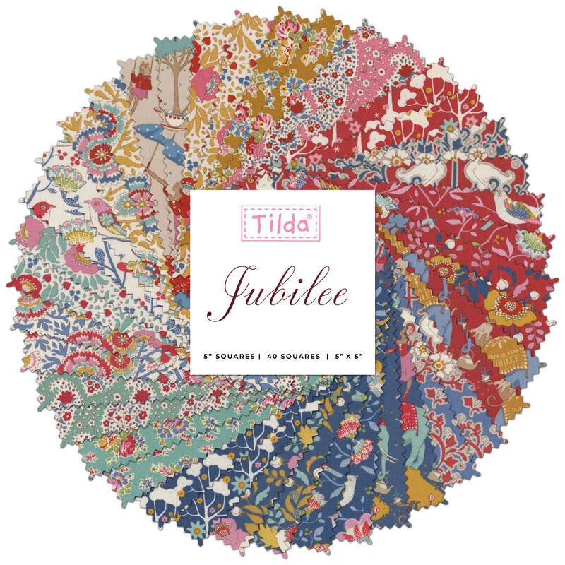 collage of all fabrics included in Jubilee 40 charm pack