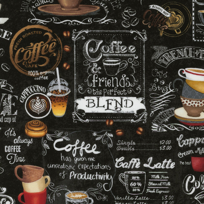 black fabric covered in a variety of coffee art and coffee related phrases