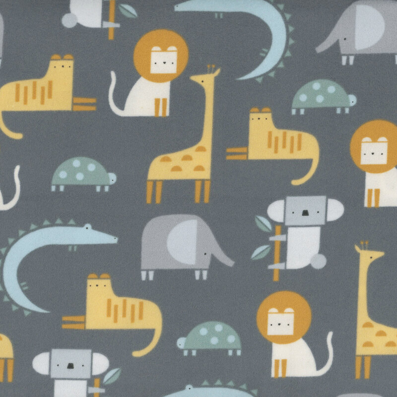 fabric featuring lions, alligators, elephants, koalas, turtles, and giraffes in stylized geometric shapes on a dark solid gray background