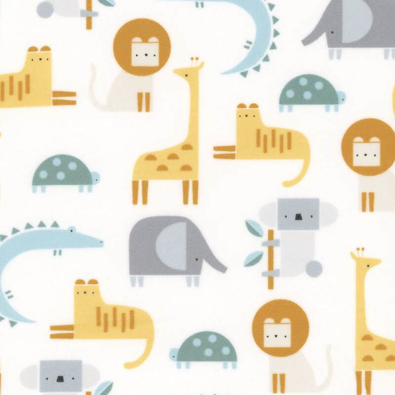 fabric featuring lions, alligators, elephants, koalas, turtles, and giraffes in stylized geometric shapes on a solid white background