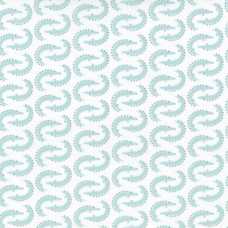 fabric featuring a repeating pattern of alternating alligators in light teal on a solid white background