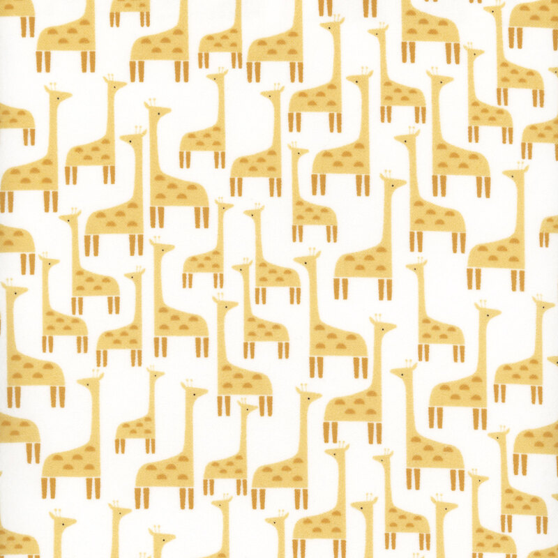 fabric featuring a repeating pattern of adorable giraffes on a solid white background