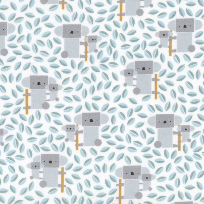 fabric featuring cute koala with their baby koala on branches surrounded by green tossed leaves on a white background