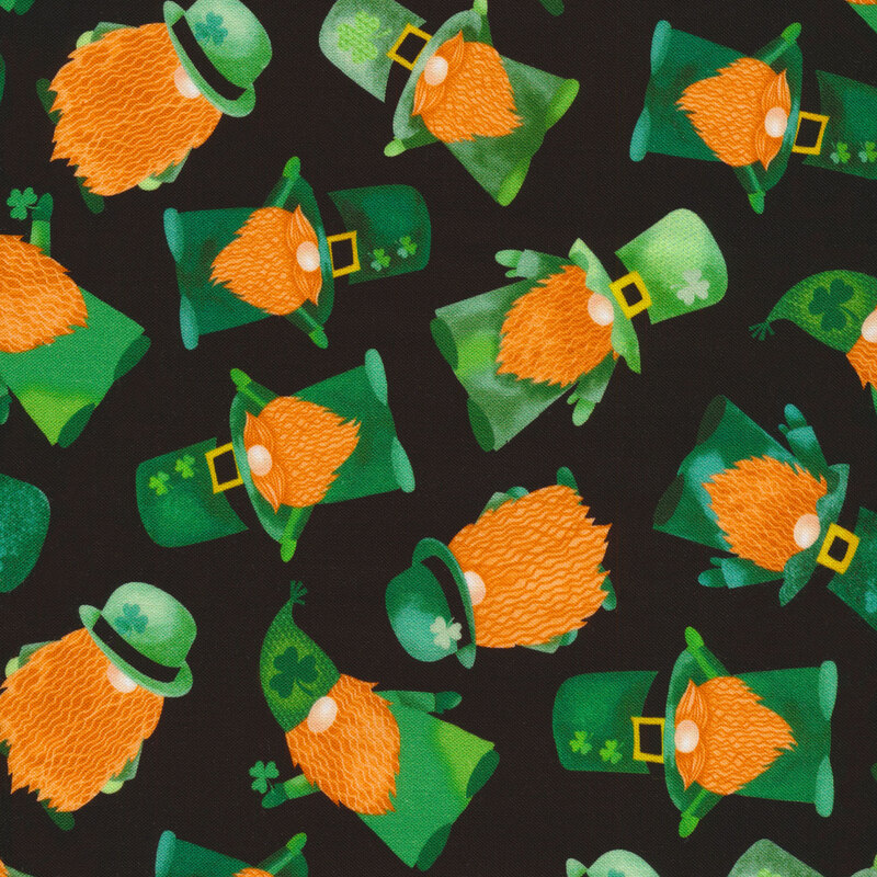 Black fabric with gnomes dressed as leprechauns with red beards, green hats and shamrock motifs tossed all over