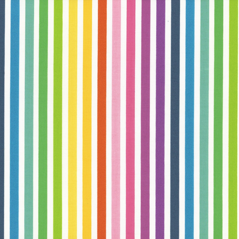 This fabric features bold rainbow stripes on a bright white background.