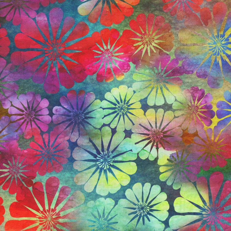 This fabric features large daisies in multicolored rainbow mottled print.
