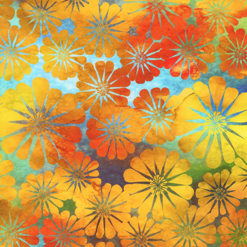 This fabric features large daisies in mottled gold and red on a green, aqua and blue mottled background.
