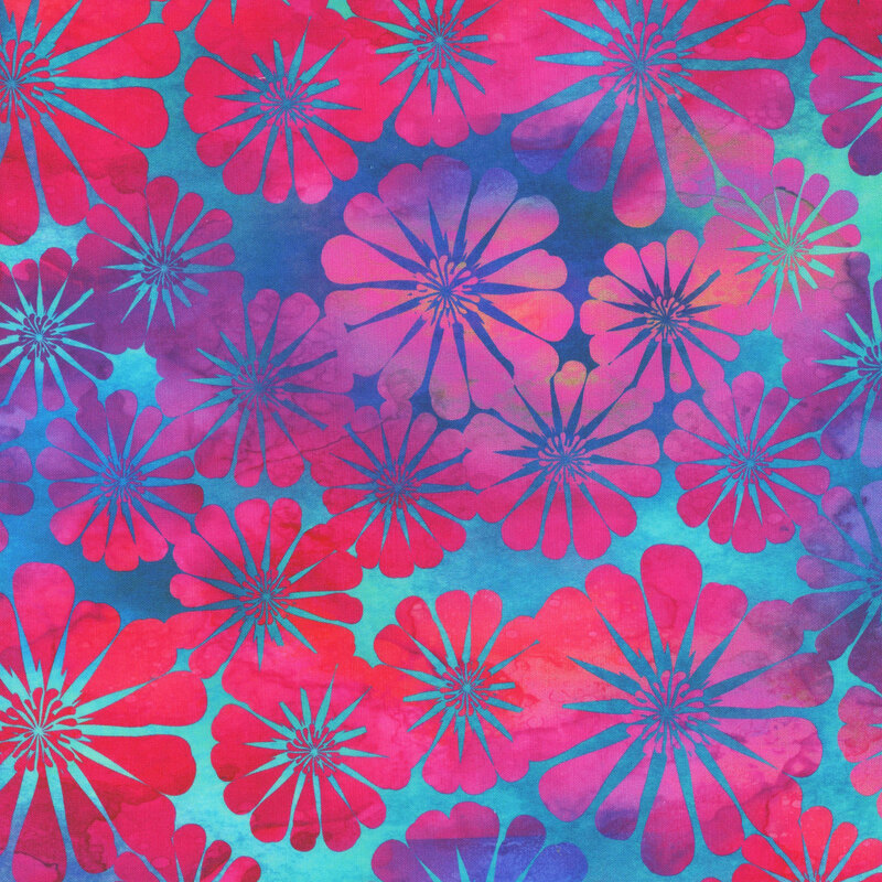 This fabric features silhouettes of daisies mottled magenta and purple on a mottled blue and aqua background.