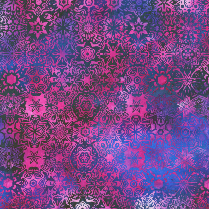This fabric features a small kaleidoscope pattern in a mottled purple, magenta pink, and blue colors.