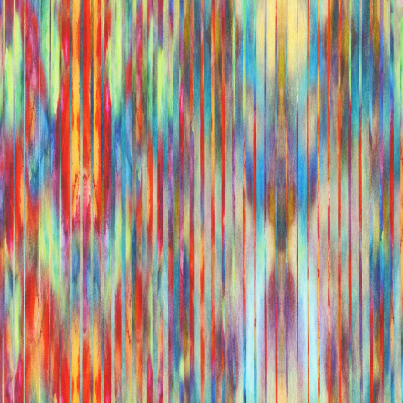 This fabric features multicolored stripes with a rainbow mottled background.
