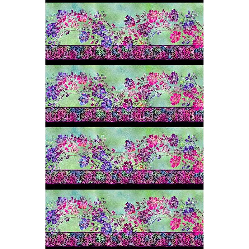 fabric featuring pink and purple spotted and mottled florals and swirling border stripe prints with a light green and blue background. 