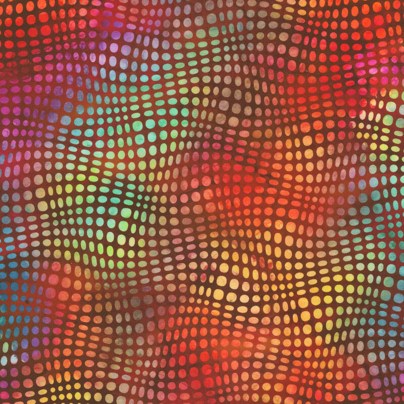 This fabric features multicolored wavy dots on a dark red mottled background.