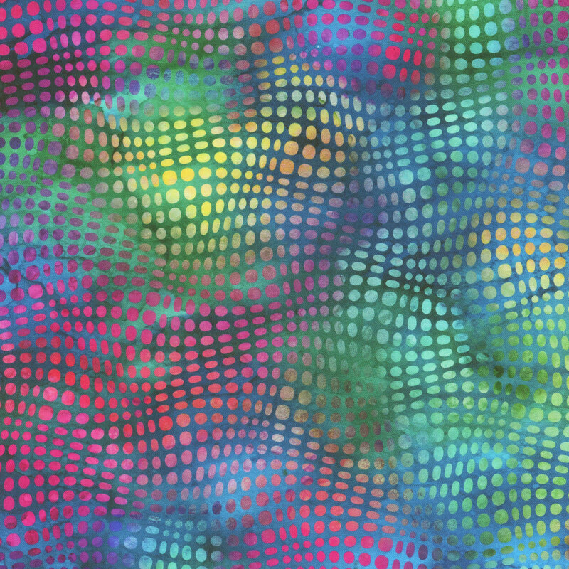 This fabric features multicolored wavy dots on a dark teal mottled background.