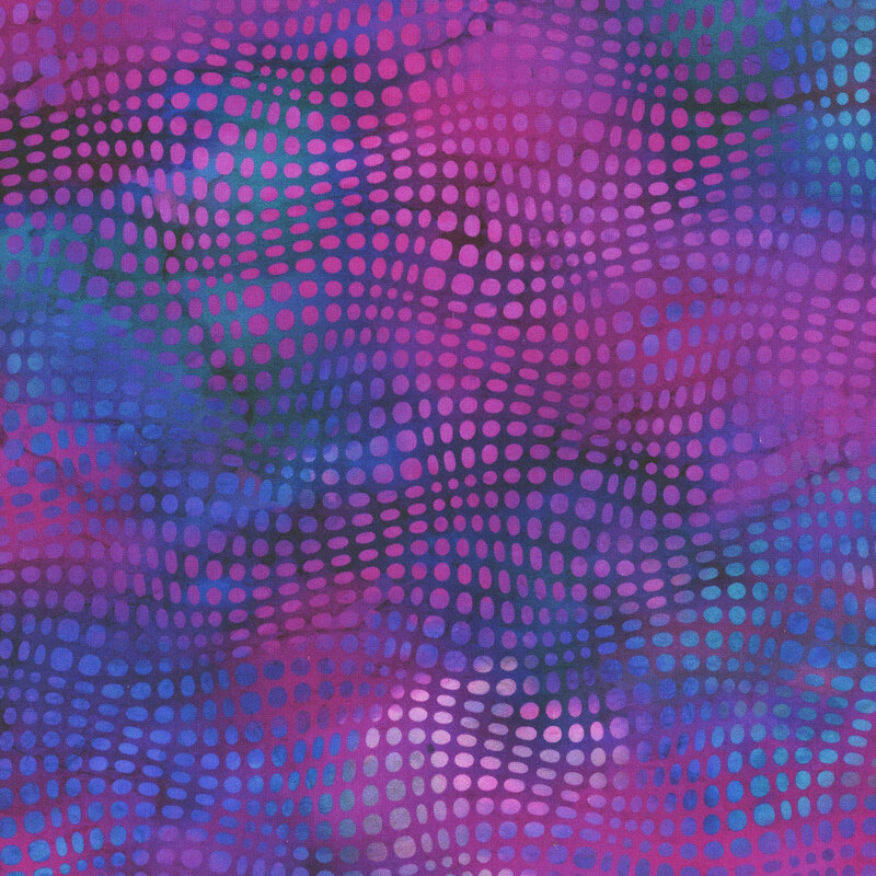 This fabric features blue and magenta wavy dots on a purple and blue mottled background.