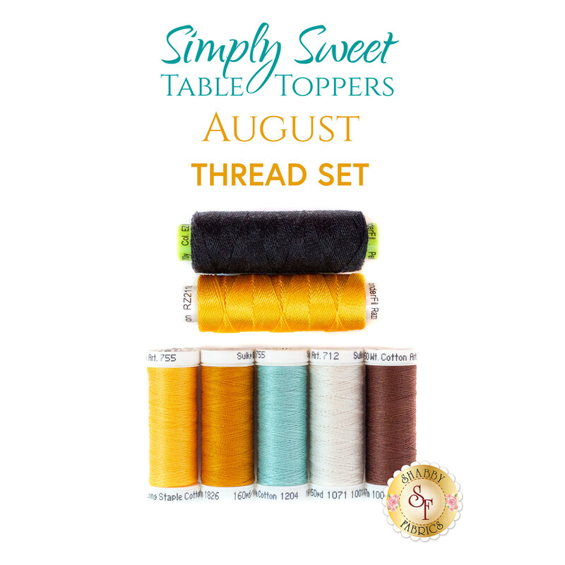 Photo of 7 coordinating threads for the August Simply Sweet Table Topper Kit isolated on a white background with the words 