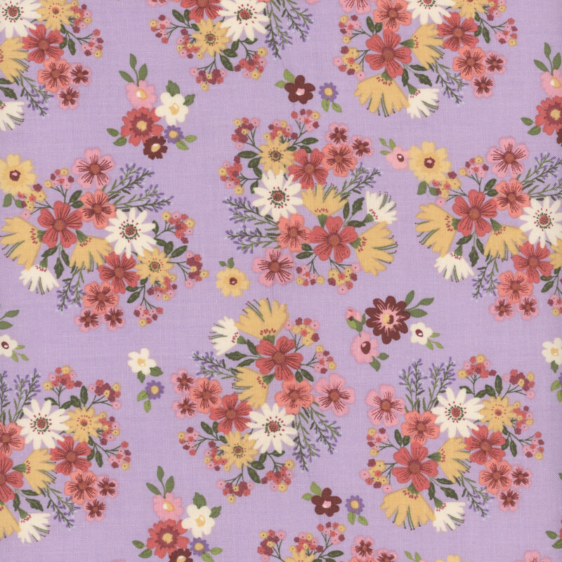 fabric featuring adorable clusters of burnt red, orange, pink, golden yellow and cream flowers with sage green leaves on a solid pastel lavender background.