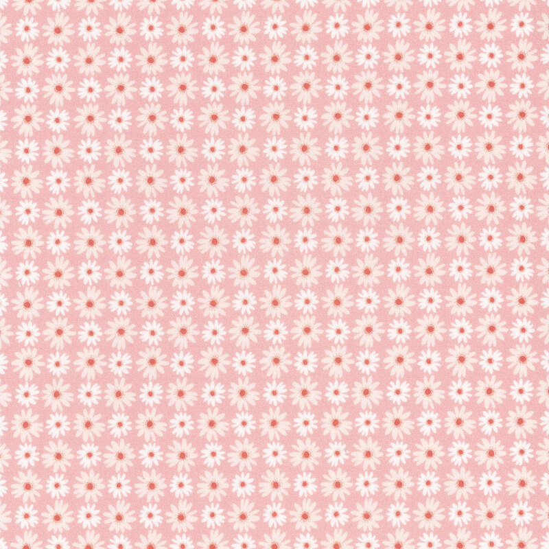 fabric featuring rows of light pink daisies on a pastel pink background.