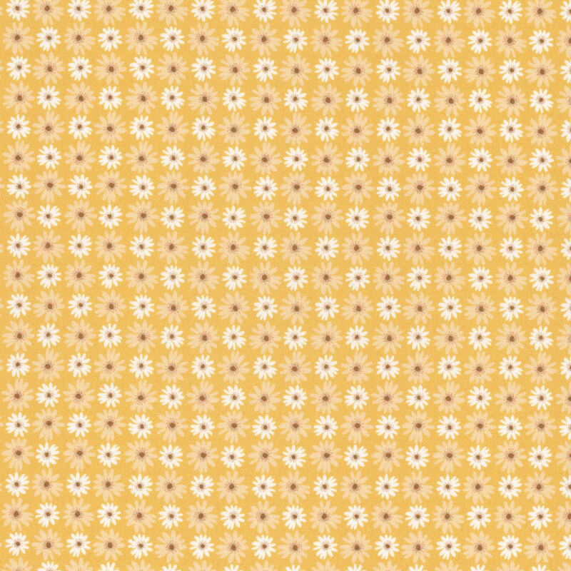 fabric featuring rows of light yellow and white daisies on a golden yellow background