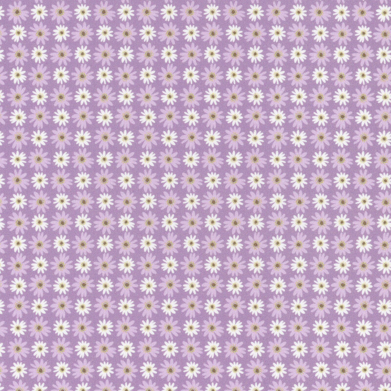 fabric featuring rows of white and light purple daisies on a pastel lavender background.