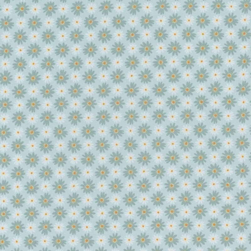 This fabric features rows of dusty blue and white daisies on a light baby blue background.