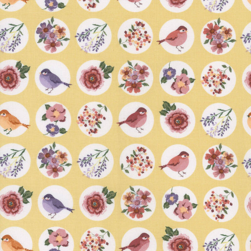 fabric featuring round white medallions with alternating small, colorful birds and clusters of flowers on a solid lemon yellow background