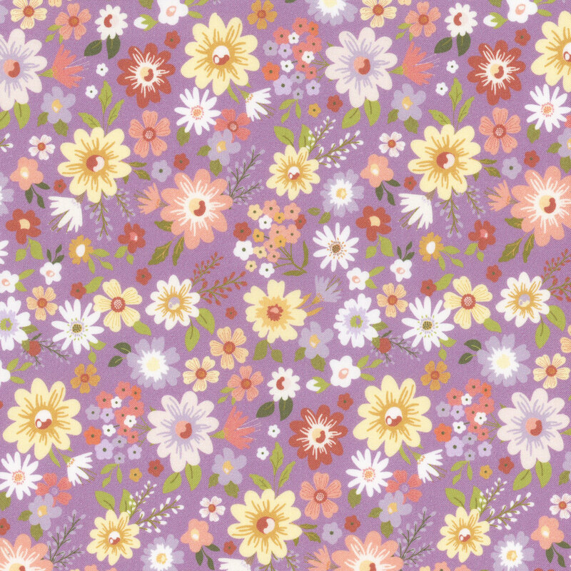 fabric featuring tossed floral print in yellow, pink, dark red and light purple blooms on a pastel lavender background.