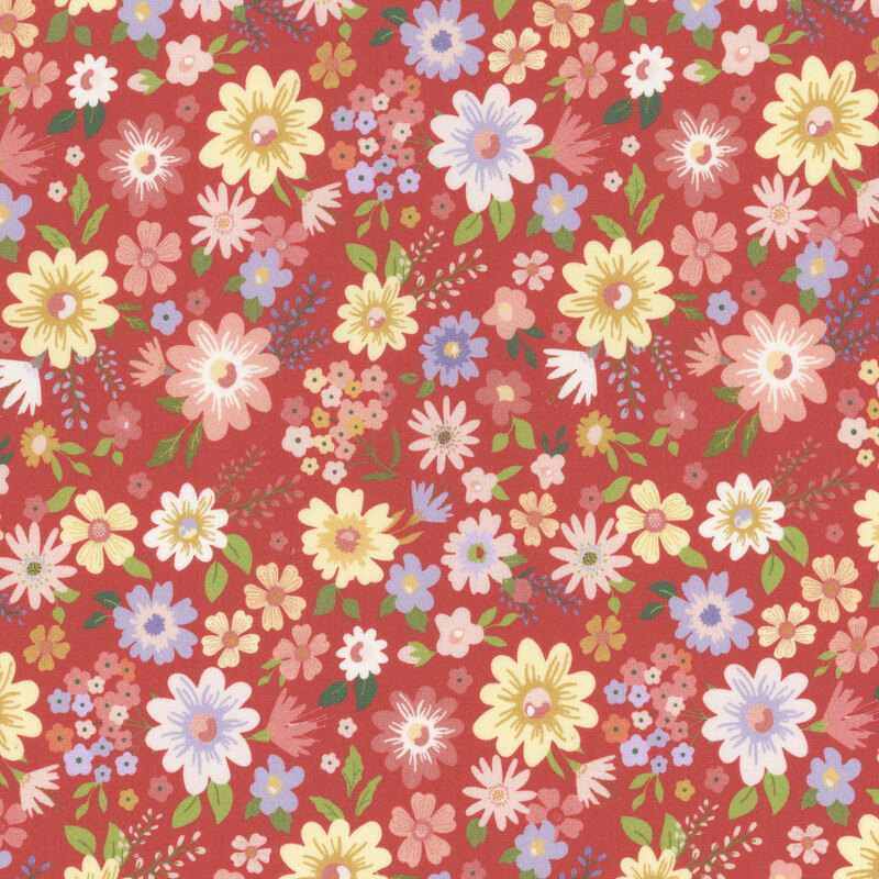 fabric featuring tossed floral print in yellow, pink, dark red and light purple blooms on a dark rose pink background.