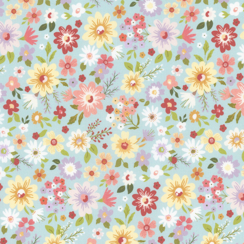 This fabric features tossed floral print in yellow, pink, dark red and light purple blooms on a light baby blue background.