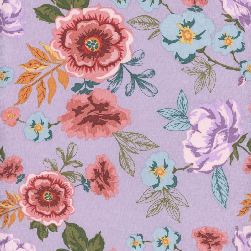 fabric featuring large rosy pink flowers, blue blossoms and colorful green, teal and yellow leaves on a light lavender purple background.