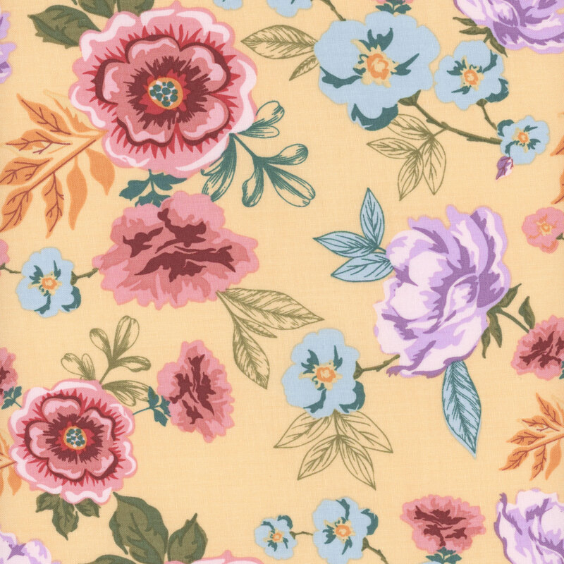 fabric featuring large rosy pink flowers, light purple and blue blossoms with colorful green, teal and yellow leaves on a pastel yellow background.