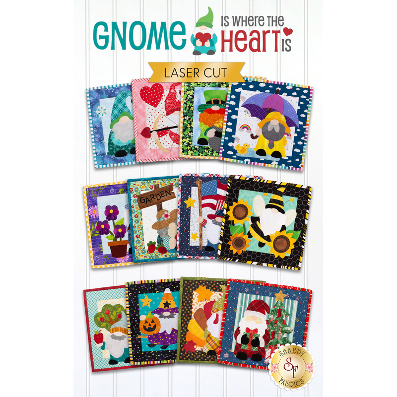 Photo of 12 small wall hangings featuring gnomes and monthly themes that coincide with seasons and holidays, isolated on a white background with the words 