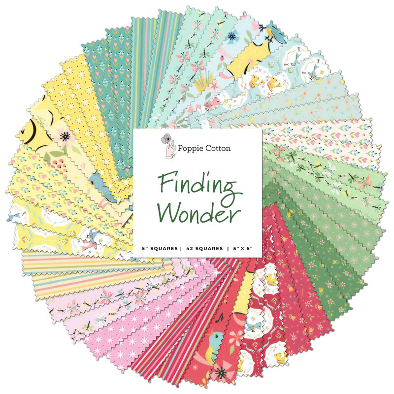 collage of all fabrics included in Finding Wonder charm pack by Poppie Cotton
