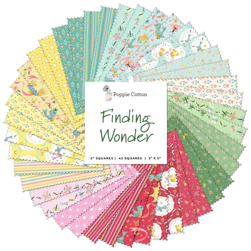 collage of all fabrics included in Finding Wonder charm pack by Poppie Cotton