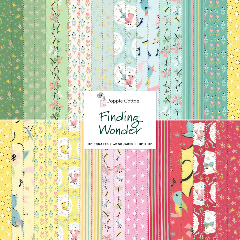 collage of all fabrics included in Finding Wonder Layer Cake by Poppie Cotton fabrics