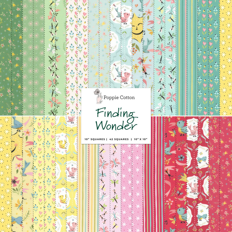 collage of all fabrics included in Finding Wonder Layer Cake by Poppie Cotton fabrics