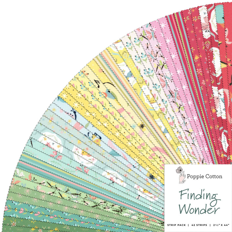 collage of all fabrics included in Finding Wonder Jelly Roll by Poppie Cotton fabrics