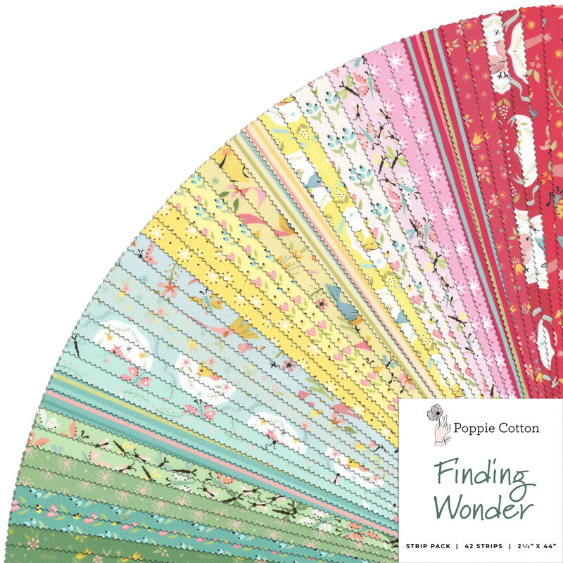 collage of all fabrics included in Finding Wonder Jelly Roll by Poppie Cotton fabrics