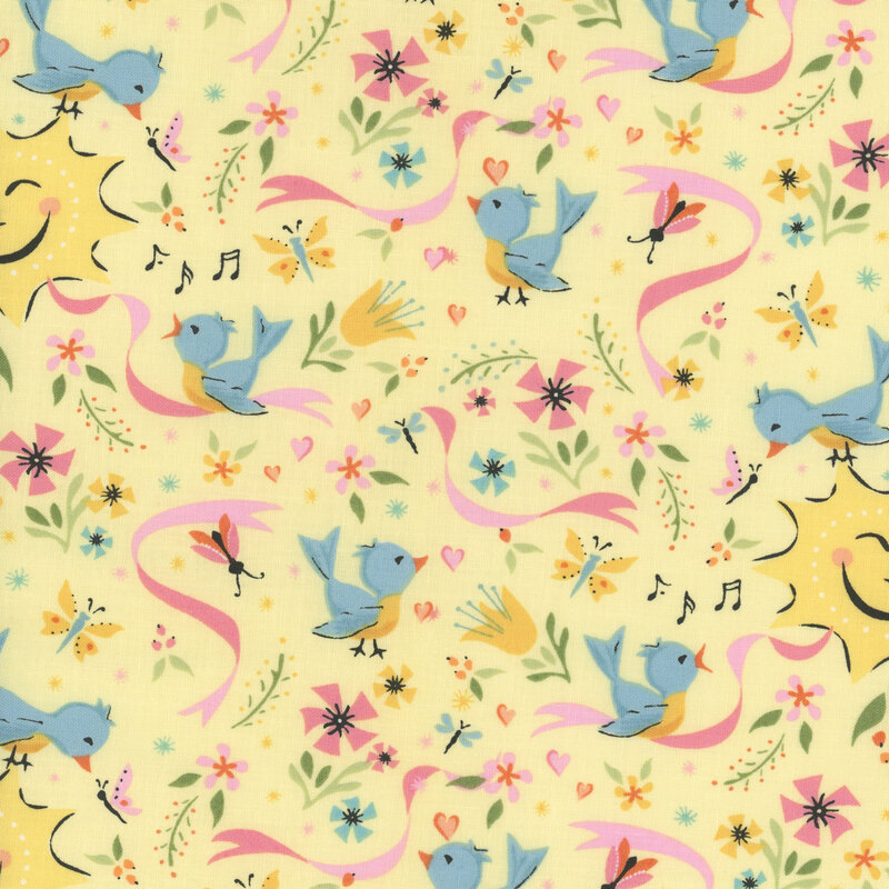 fabric featuring bluebirds, butterflies and light pink ribbons with a smiling yellow sun on a soft pastel yellow background.