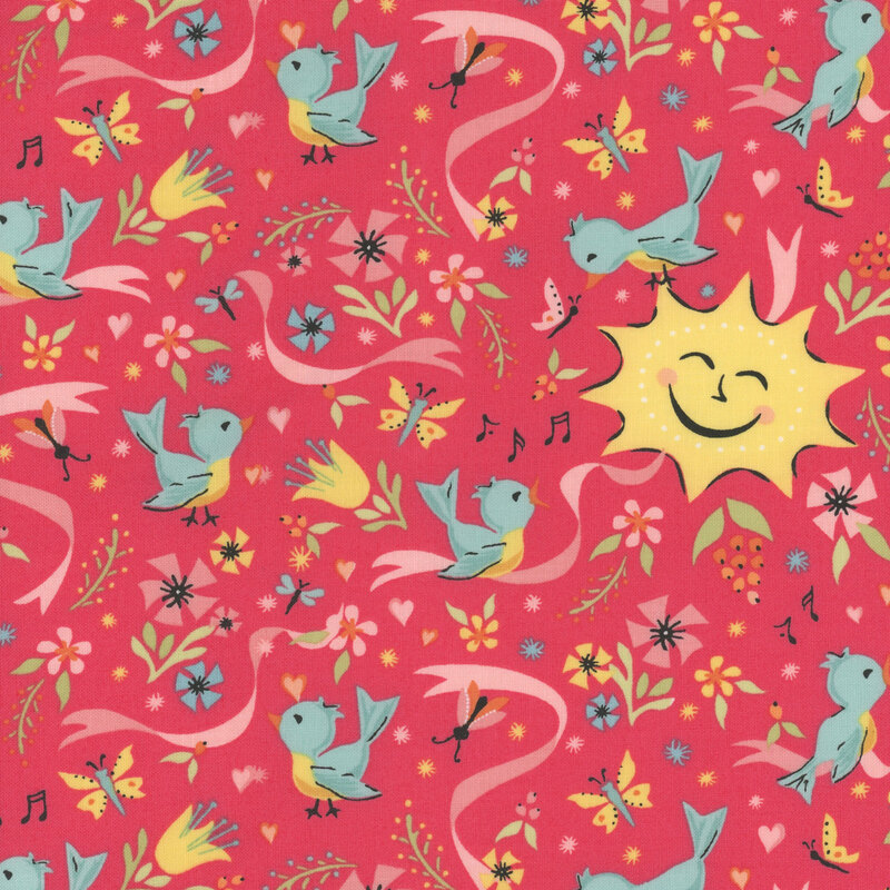 fabric featuring bluebirds, butterflies and light pink ribbons with a smiling yellow sun on a dark rosy red background.