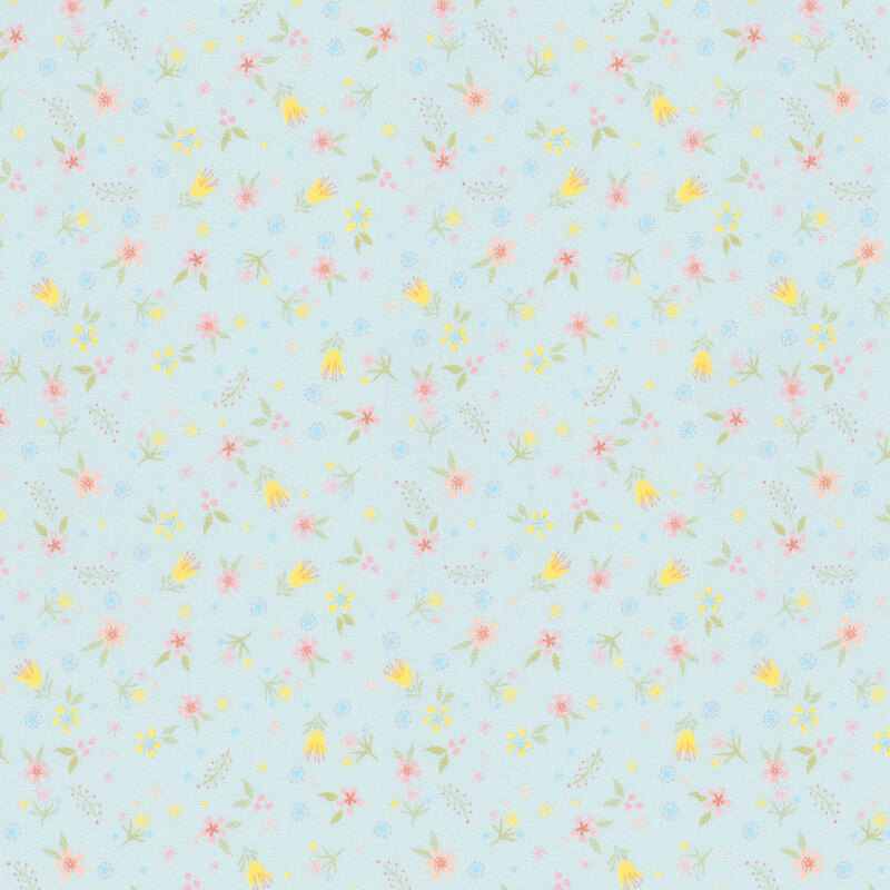 fabric featuring ditsy tossed flowers of various types in bright pink and yellow on a light baby blue background.