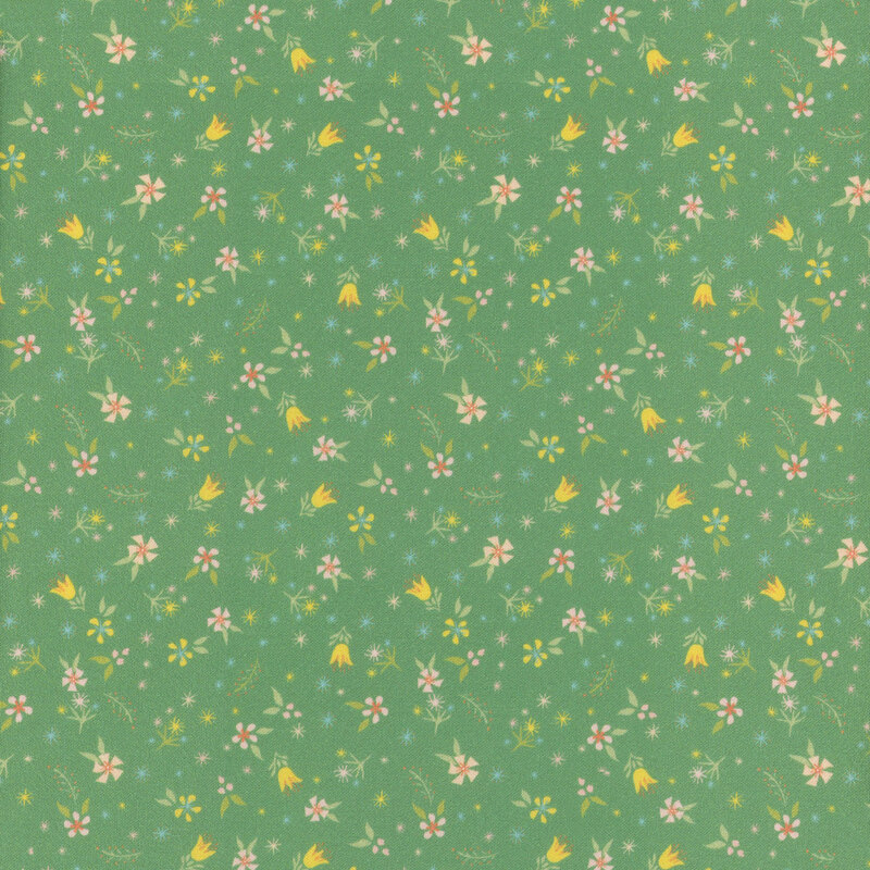 fabric featuring ditsy tossed flowers of various types in bright pink and yellow on a rich pine green background.