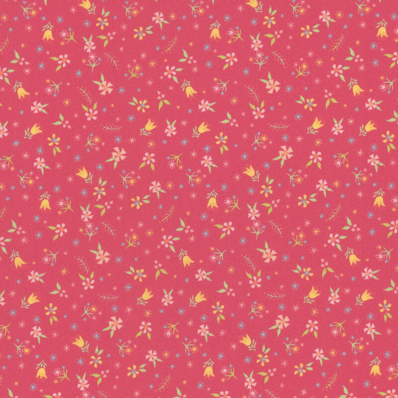 fabric featuring ditsy tossed flowers of various types in bright pink and yellow on a rosy red background.