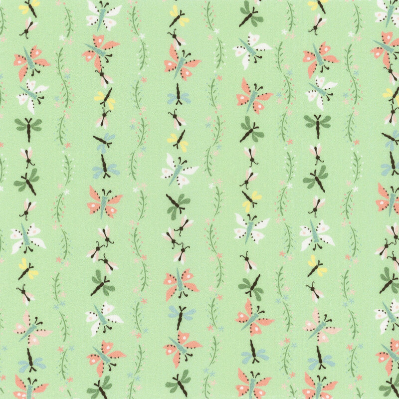 fabric featuring rows of multicolored butterflies with dragonflies, separated by dark green vines. 
