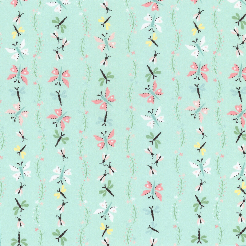 fabric featuring rows of multicolored butterflies with dragonflies, separated by dark green vines on an aqua blue background