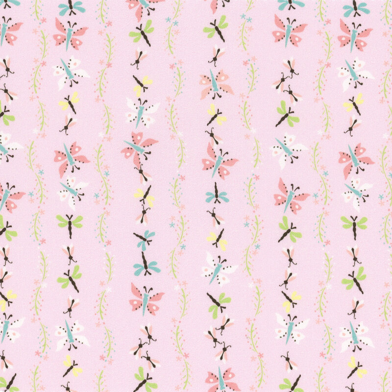 fabric featuring rows of multicolored butterflies with dragonflies, separated by dark green vines on a pastel pink background
