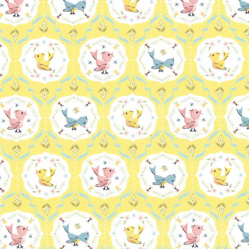 fabric featuring white motifs with pink, yellow and blue songbirds on a bright yellow background with blue ribbon accents.