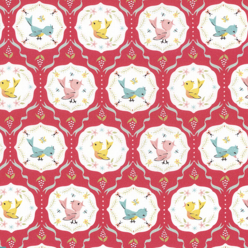 fabric featuring white motifs with pink, yellow and blue songbirds on a rosy red background with light blue ribbon accents.