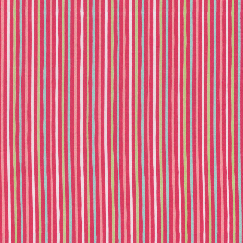 fabric featuring an adorable rosy red fabric with light blue, pink, green and light cream stripes. 