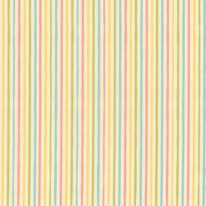 fabric featuring an adorable pastel yellow fabric with light blue, pink, green and bright yellow stripes.