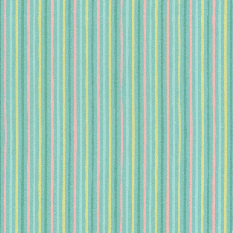fabric featuring an adorable teal fabric with light blue, pink, green and bright yellow stripes.